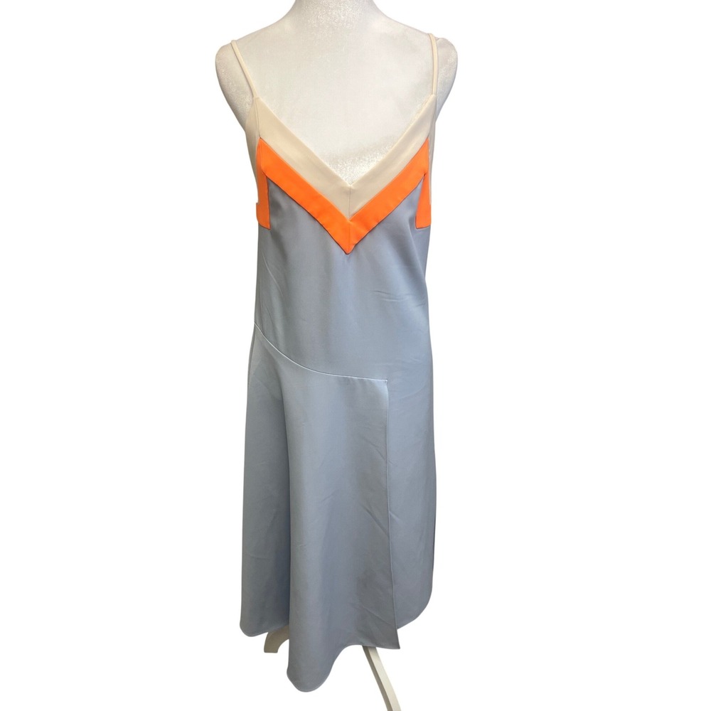 Colorblock Midi Dress Blue Neon Orange Chevron V-Neck Asymmetrical Modern Chic
